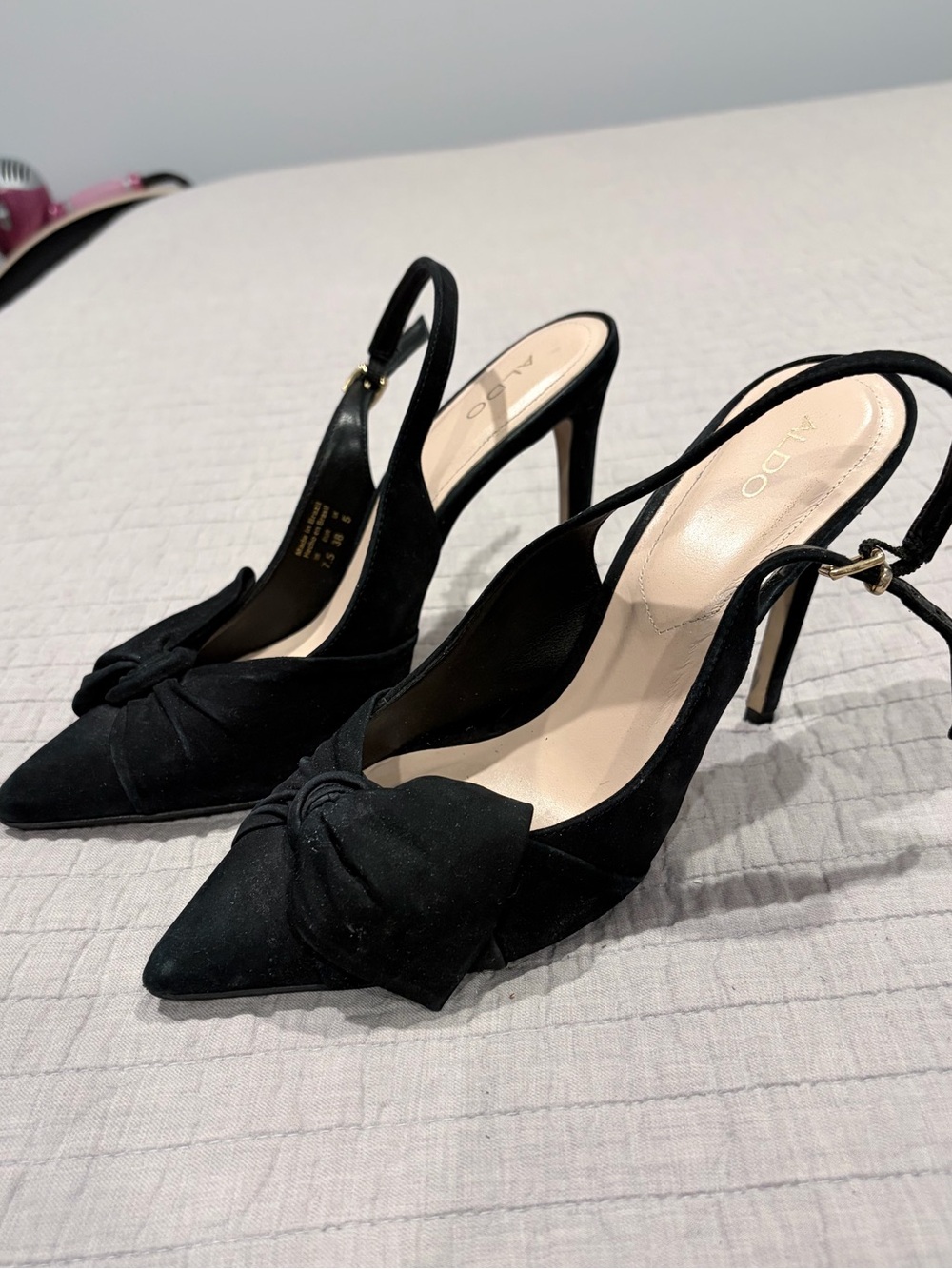 ALDO Black Faux Suede Bow Slingback Heels Pointed Toe Stiletto Pumps Size 7.5